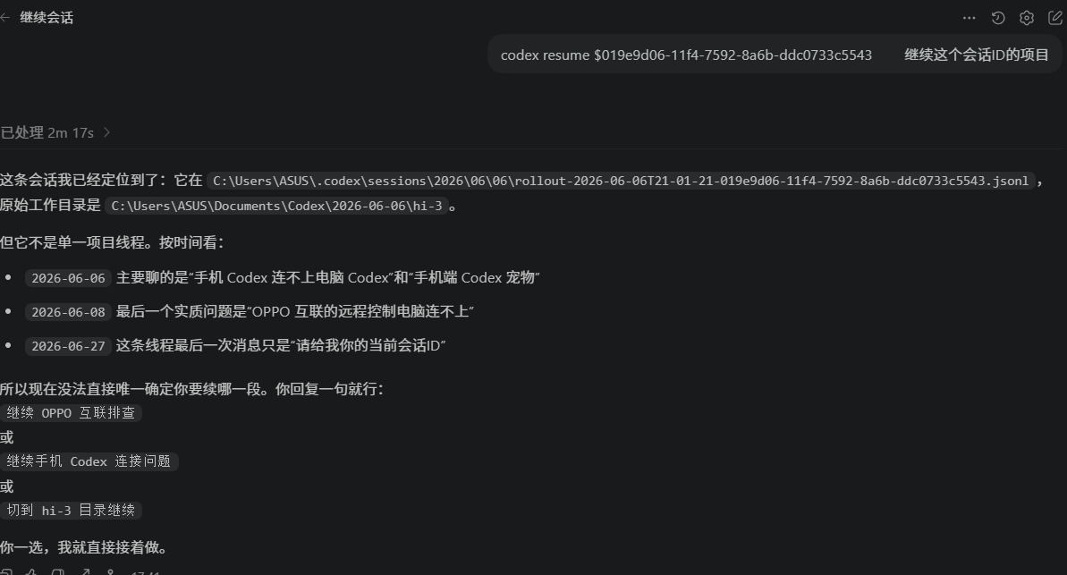 用会话 ID 续接旧项目